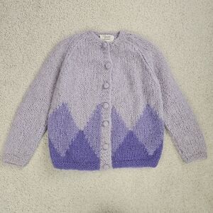 Vtg Hand Knit Sweater Cardigan Purple Ombre Italy Button Up Wool Mohair Nylon 40